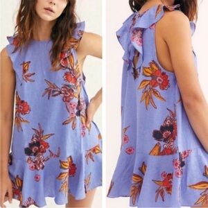 Free People Tulum Linen Floral Print Mini Dress/ Tunic Bluebell. Size Large. NWT